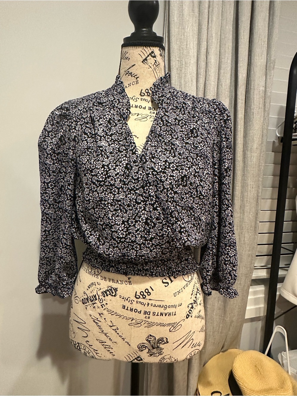 Monteau Navy and White Floral V-Neck Smocked Waist Blouse